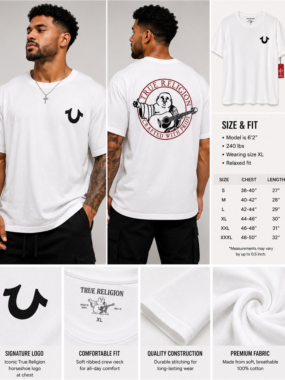 True Religion White Short Sleeve Tee with Black Horseshoe Logo XL